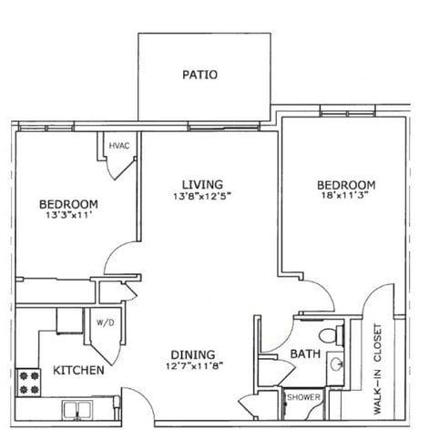 Floor plan for 2 beds, 1 bath, 945 sqft